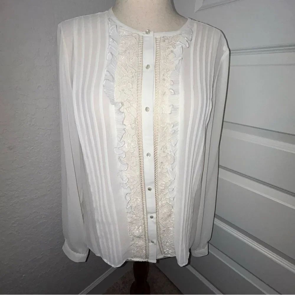 Nanette Lepore Pleated Ruffle Button Front Long Sleeve Blouse Shirt Top